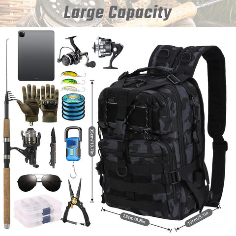 Black tactical fishing tackle backpack with gear shown around; waterproof Oxford fabric, heavy duty stitching for outdoor use.