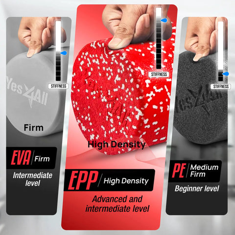 Comparison of EVA, EPP, PE foam rollers; high density EPP in Red Snow color, firm texture, ideal for deep tissue massage and yoga.