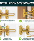 Installation guidelines for Tough Gold Swing Bar Door Lock For Swing In Doors with notes on door positioning and gaps.