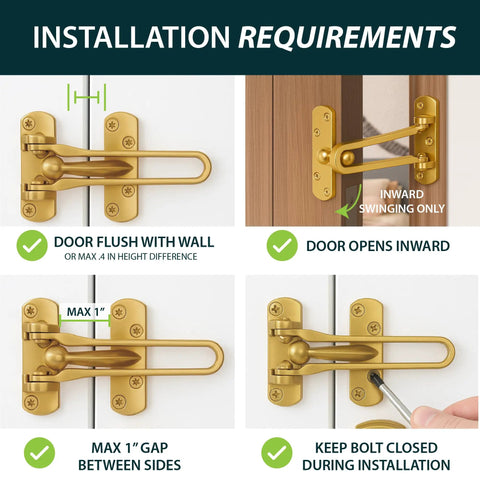 Installation guidelines for Tough Gold Swing Bar Door Lock For Swing In Doors with notes on door positioning and gaps.