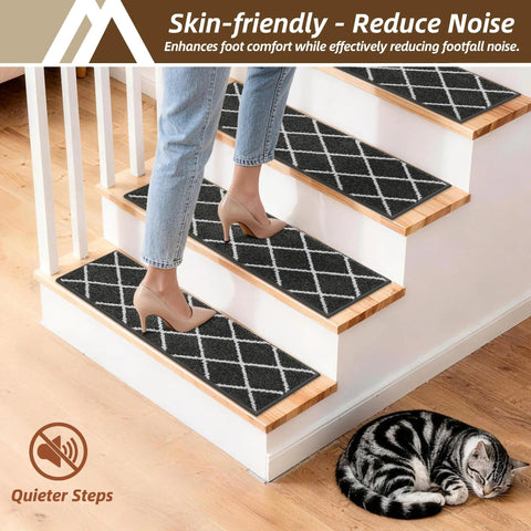 No Slip Peel And Stick Stair Treads For Wooden Steps 9x28 Inches Indoor Runners Dark Grey 15 Pack in use on wooden stairs