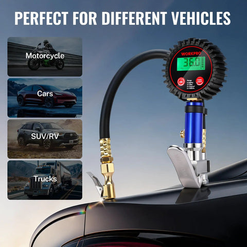 Digital Tire Pressure Gauge With Inflator Kit, 250 PSI, showing compatibility with motorcycles, cars, SUVs, and trucks.