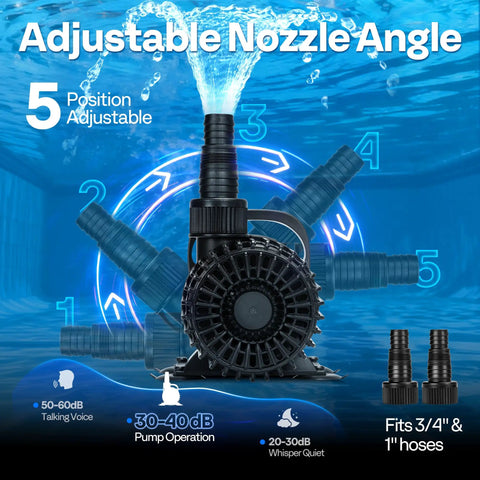 Powerful Submersible Water Pump 100W 1600 GPH, adjustable nozzle, 5 positions, for ponds, fountains, 15 ft lift, hoses visible