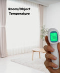 No Contact Forehead Thermometer For Baby Kids And Adults, 1 Second Infrared Temperature Readings, Fever Indicator With Color Coded Readings, Silent Mode, Touchless With Object Temperature And Room Temperature Modes; handheld thermometer showing room/object temperature