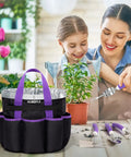 Mother and daughter using Purple Garden Tool Set For Women 11-Piece Heavy Duty Gardening Kit With Detachable Storage Bag inside home.