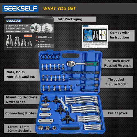 Heavy Duty Gear Puller Set With 2 Jaw And 3 Jaw Options, Ratchet Wrench And Sockets, Reversible Jaw With 15mm, 18mm, 20mm Sockets