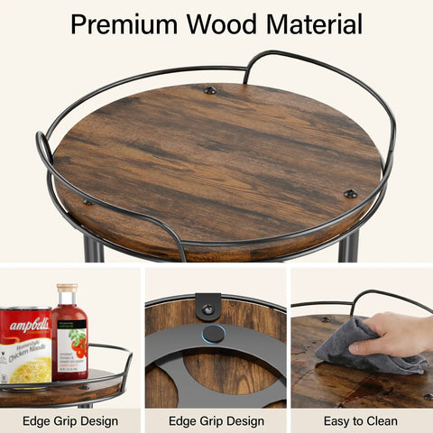 Close-up of dual deck lazy susan rotating turntable cabinet organizer for kitchen spice rack, featuring premium wood material and edge grip design.