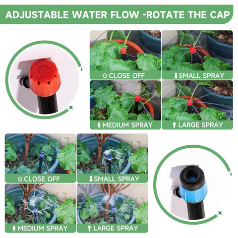 Adjustable water flow settings on 240Ft Drip Irrigation System Kit With 40Ft Of 1/2 Inch Main Tubing And 200Ft Of 1/4 Inch Distribution Tubing