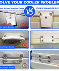 Comparison of Beefy Cooler Hinge And Latch Kit With Screws, Heavy Duty Ice Chest Replacement Parts and old cooler parts showing rust and damage.