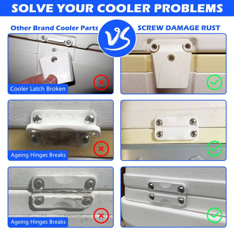 Comparison of Beefy Cooler Hinge And Latch Kit With Screws, Heavy Duty Ice Chest Replacement Parts and old cooler parts showing rust and damage.