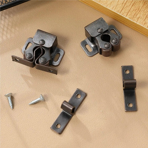 Double Roller Catch Cabinet Latches Set for cupboard drawer closet, metal finish, includes screws, hardware visible