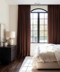Luxury Velvet Blackout Curtains 96 Inches Long In Brown Tan Terracotta With Pinch Pleat Design in a cozy bedroom setting
