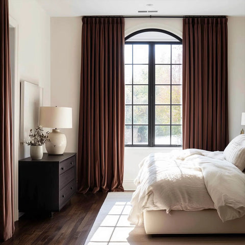Luxury Velvet Blackout Curtains 96 Inches Long In Brown Tan Terracotta With Pinch Pleat Design in a cozy bedroom setting