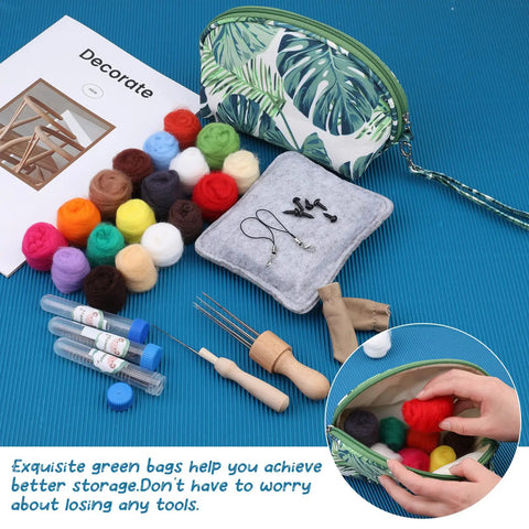 Needle Felting Starter Kit With Exquisite Green Storage Bag 18 Color Wool Roving Set Essential Felting Tools For Felted Animals