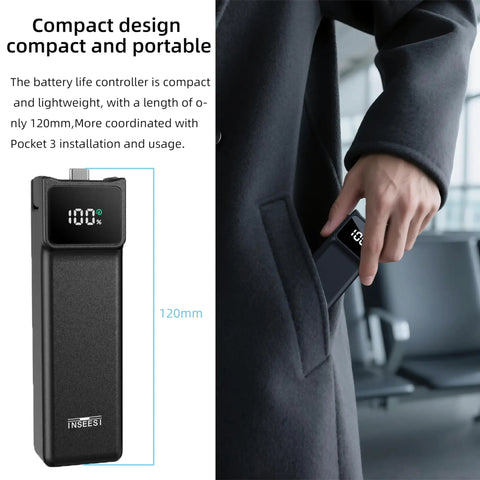 Power Grip Battery Pack For Osmo Pocket 4 And 3 With 5000mAh Battery, digital power display, fits in coat pocket for portability.