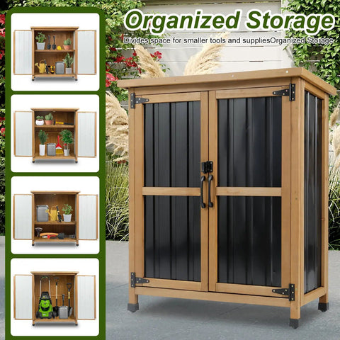 Outdoor Storage Cabinet For Small Spaces Wood And Metal Build With Weather Resistant Asphalt Roof Double Locking Doors