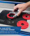 Precision Router Lift For Router Table System With Heavy Duty Plate Insert That Will Not Sag Built For Quick Accurate And Repeatable Setups Smooth Above Table Adjustments And Durable Aluminum Plate installed in router table with handle adjusting depth.
