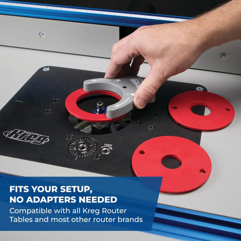 Precision Router Lift For Router Table System With Heavy Duty Plate Insert That Will Not Sag Built For Quick Accurate And Repeatable Setups Smooth Above Table Adjustments And Durable Aluminum Plate installed in router table with handle adjusting depth.