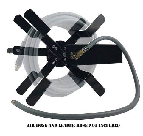 Manual Air Hose Reel With 100 Ft 3/8 Inch Capacity, wall mountable, tough steel, brass inlet visible, shown without hose