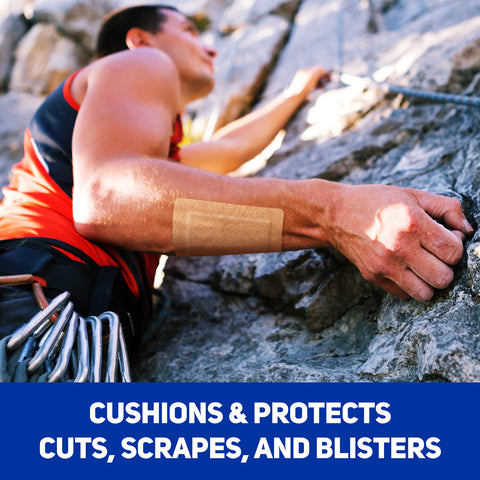 Rock climber using Extra Large Fabric Adhesive Bandages 3x4 Inches Nonstick Breathable Flexible Wound Care on forearm.