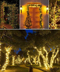 Solar Powered Outdoor Fairy String Lights 39Ft 100 LED Waterproof Twinkle With 8 Modes And Memory Function on trees and porch