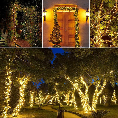 Solar Powered Outdoor Fairy String Lights 39Ft 100 LED Waterproof Twinkle With 8 Modes And Memory Function on trees and porch