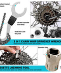 All In One 31 Piece Bicycle Repair Kit With Storage Box For Mountain Road And Park Bikes Includes Chain Riveter Crank Puller Tire Levers Cassette Tools And Essential Repair Tools For DIY Ready Home Workshop showing chain whip and cassette locking tool.