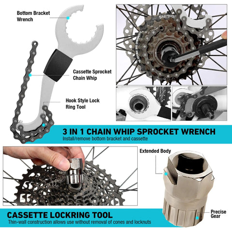 All In One 31 Piece Bicycle Repair Kit With Storage Box For Mountain Road And Park Bikes Includes Chain Riveter Crank Puller Tire Levers Cassette Tools And Essential Repair Tools For DIY Ready Home Workshop showing chain whip and cassette locking tool.