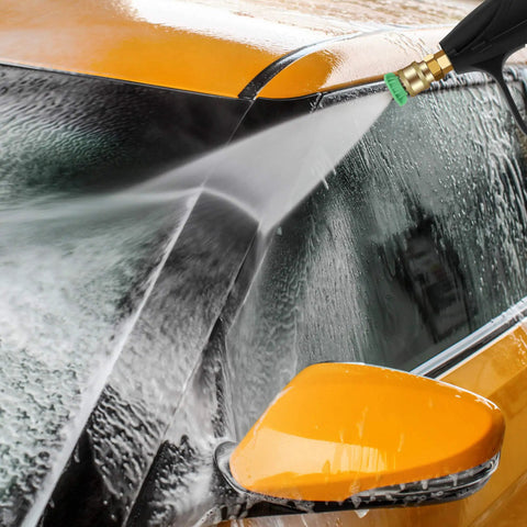 High Pressure Washer Gun For Cars And Power Washers, 4350 PSI Beast Mode Ready spraying water on an orange car for cleaning