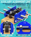 Upgraded 6.7 Inch Self Centering Doweling Jig Kit on wood with alignment line, adjustable width, sturdy steel clamp, bushings visible