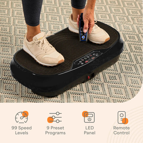 Person using Waver Mini Vibration Plate For Full Body Toning And Lymphatic Drainage With Remote And Bands, showing control panel.
