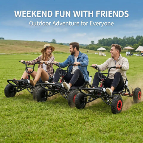 Family Fun Gas Powered Go Kart With 63cc 2 Stroke EPA Engine, 4 Wheel Independent Suspension, 6 Inch All Terrain Tires in black, off-road riding with friends