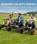 Three people enjoying Gas Go Kart For Backyard Fun, Family Friendly Off Road Kart With 28 MPH Top Speed in a grassy field.