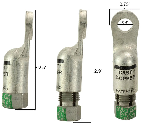 Eyelet Style Battery Compression Terminal For Three Eighths Inch Stud, Fits 1 And 2 Gauge Cable, Copper Lug Pack Of Two For Starter Solenoids And Junction Blocks, No Crimping Or Soldering Required