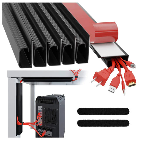 J Channel Cable Raceways For Under Desk Wire Management Six 16 Inch Black Cable Channels With Adhesive Mounting Tape No Screws No Drills Hide Computer Cords And Keep Your Workspace Clean And Tidy shown mounted on desk with cables, adhesive backing, and straps