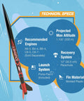 Journey Rocket Building Kit For Beginners with Launch Pad and Controller, technical specs including fin material and altitude.