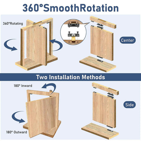 570 Lb Hidden Door Pivot Hinge Kit showcasing 360-degree rotation and two installation methods, center and side views.