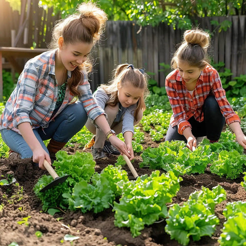 Three girls gardening with Over 20,000 Lettuce Seeds Pack With 10 Fresh Varieties For Indoor Or Outdoor Growing