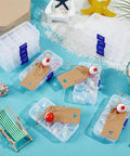 30 Piece Fishing Candy Boxes Set With Red And White Bobbers, Kraft Paper Tags, and 20m Jute Twine displayed on a beach theme setup.