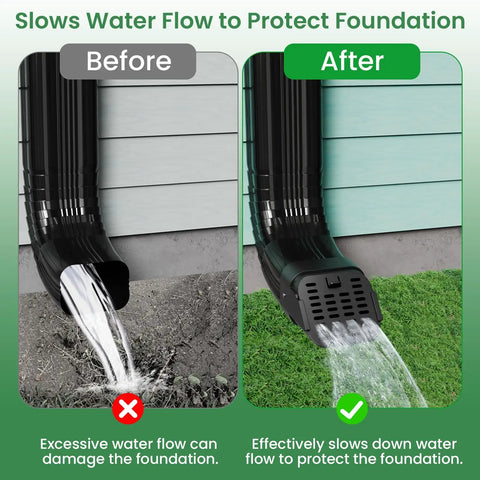 2 Pack No Sweat Heavy Duty Gutter Downspout Guards Fits 2X3 And 3X4 Type A Pipes show water flow control to protect foundation.