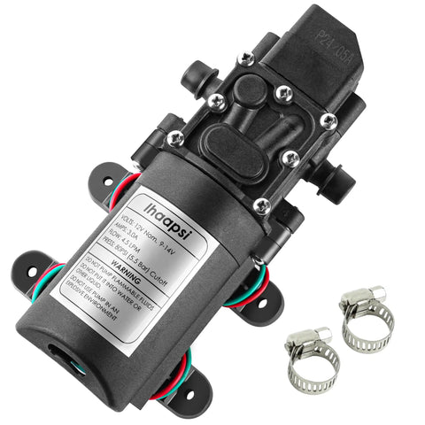 Rugged 12V DC Fresh Water Pump With 2 Hose Clamps Self Priming Diaphragm Pump Pressure Switch 4.5 Liters Per Minute 80 PSI Adjustable For RV Campers Marine Boat product image