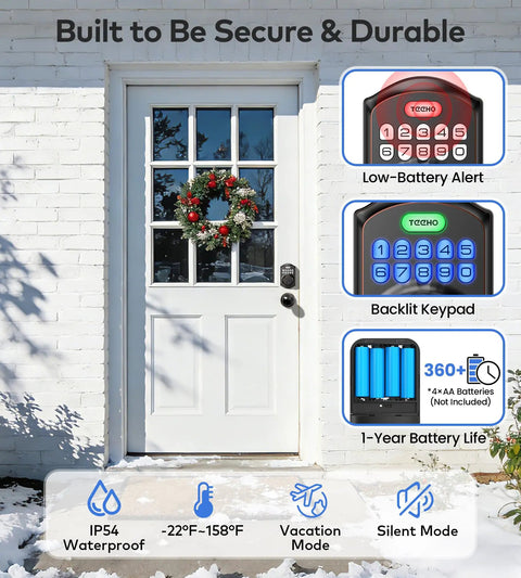 Keyless Entry Door Lock With Handle And Electronic Keypad Deadbolt High Security Front Door Handle Set For Home Or Rental Auto Locking Easy Install Oil Rubbed Bronze Finish Supports 20 User Pin Codes One Time Codes Two Backup Keys installed on white door with wreath.
