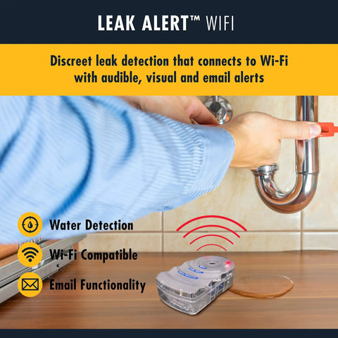Two Pack WiFi Water Leak Alarm With Email Alerts Audio And Visual Notifications No Wiring Needed 105 dB Siren and Flashing SOS Light placed near pipe leak