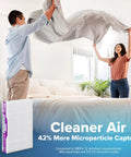 Couple making bed with Filtrete 16x25x4 Refillable Air Filter Starter Kit, MPR 1550, MERV 12 package in foreground