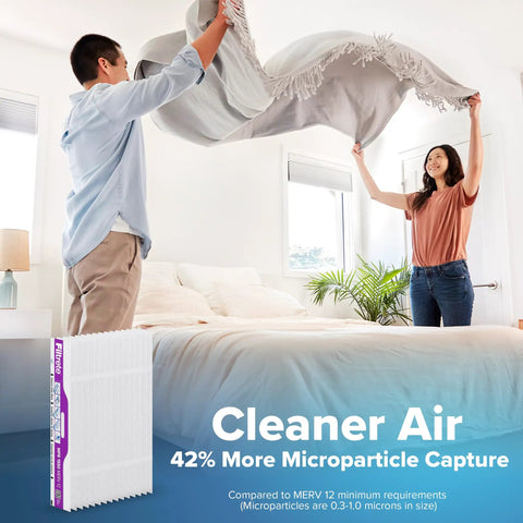 Couple making bed with Filtrete 16x25x4 Refillable Air Filter Starter Kit, MPR 1550, MERV 12 package in foreground