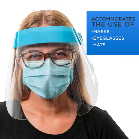 Person wearing Ultra Clear Full Face Shields Pack Of 40 Sets (160 Shields) Anti Fog PET Plastic with mask and glasses