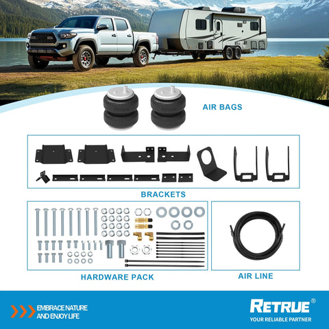 RETRUE rear air bag suspension kit for Toyota Tacoma; front view shows two airbags, brackets, hardware, and air line.