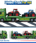 25 Inch Semi Flatbed Truck Toy Set With Two Tractors, Friction Powered Lights And Sounds, green truck with red and blue tractors.