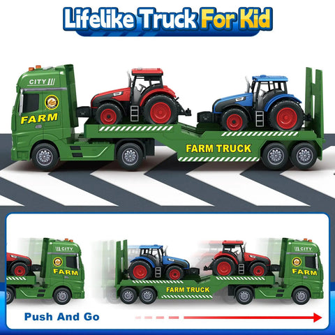 25 Inch Semi Flatbed Truck Toy Set With Two Tractors, Friction Powered Lights And Sounds, green truck with red and blue tractors.
