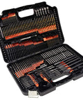 Open carry case showing 246-piece titanium HSS drill bit set with various bits for metal, wood, masonry, and plastic drilling